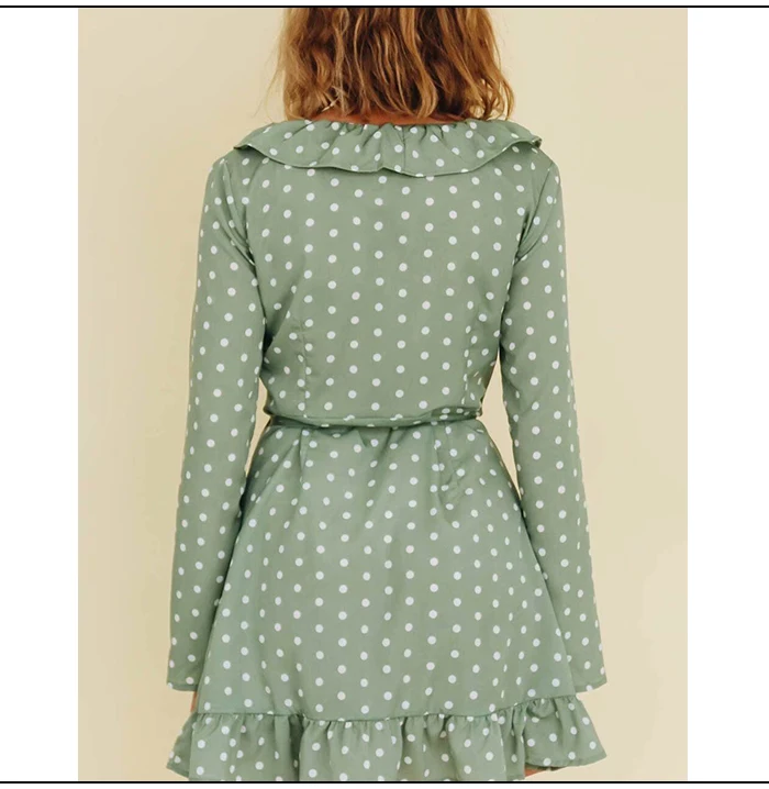 SINRGAN Ruffles Elegant Polka Dot Green Dresses v neck Long sleeve short mini vintage spring dress Bohemian vestidos