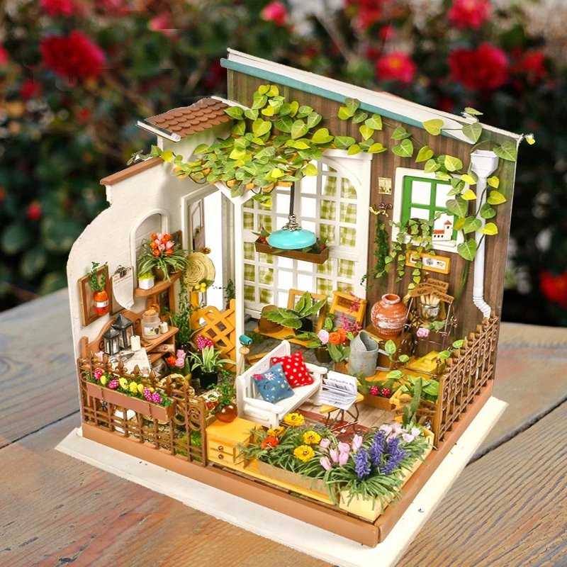 DIY деревянный Солнечный садовая Статуэтка кукольный домик 3D светодиодный мини набор для кукольного домика с мебельным комплектом легкий