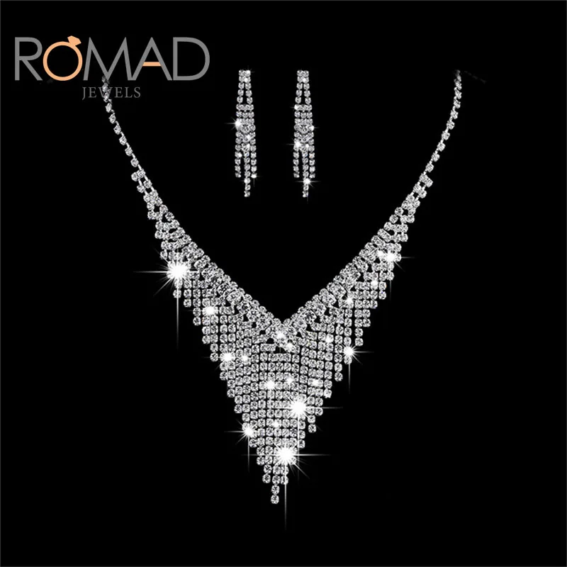 ROMAD Crystal Tassel Wedding Jewelry Set Bridal Rhinestone Deep V