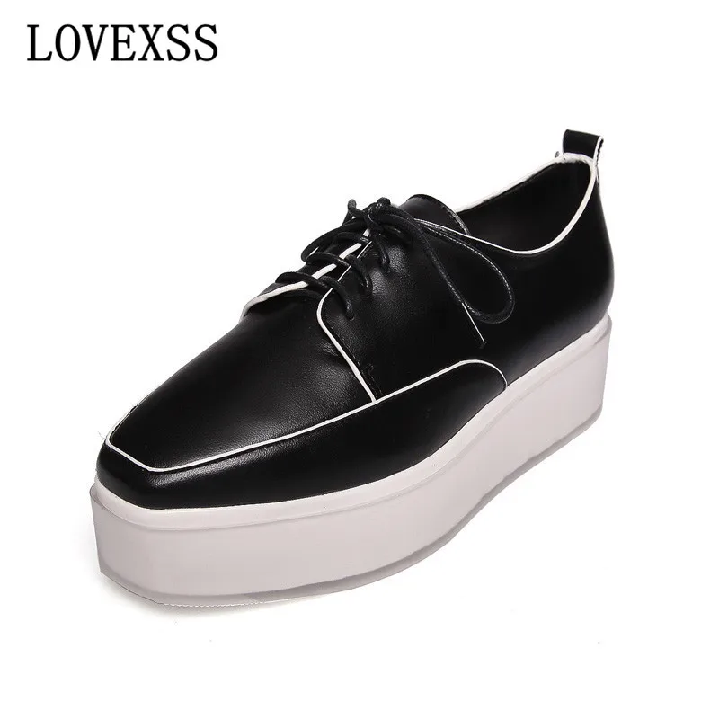 

LOVEXSS Woman Flat Platform Shoes Square Toe Cross Tied Genuine Leather Derby Shoes Black White Spring Autumn Flats Lace-Up