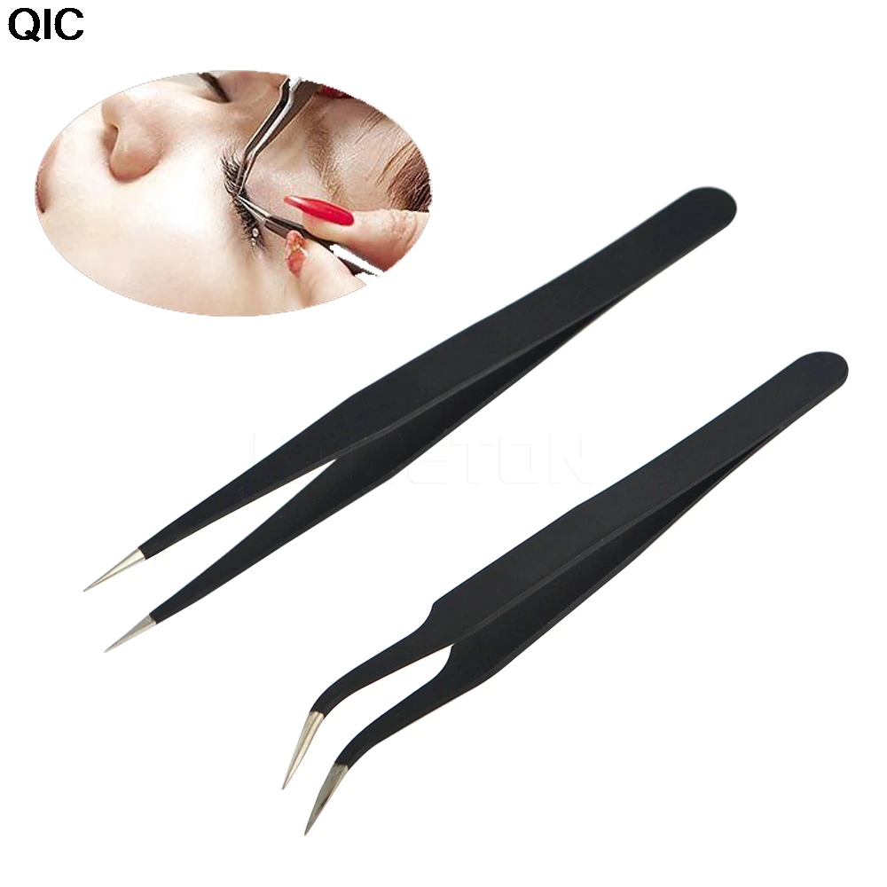 2 Pcs Non Stainless Steel Curved Straight Tweezers High