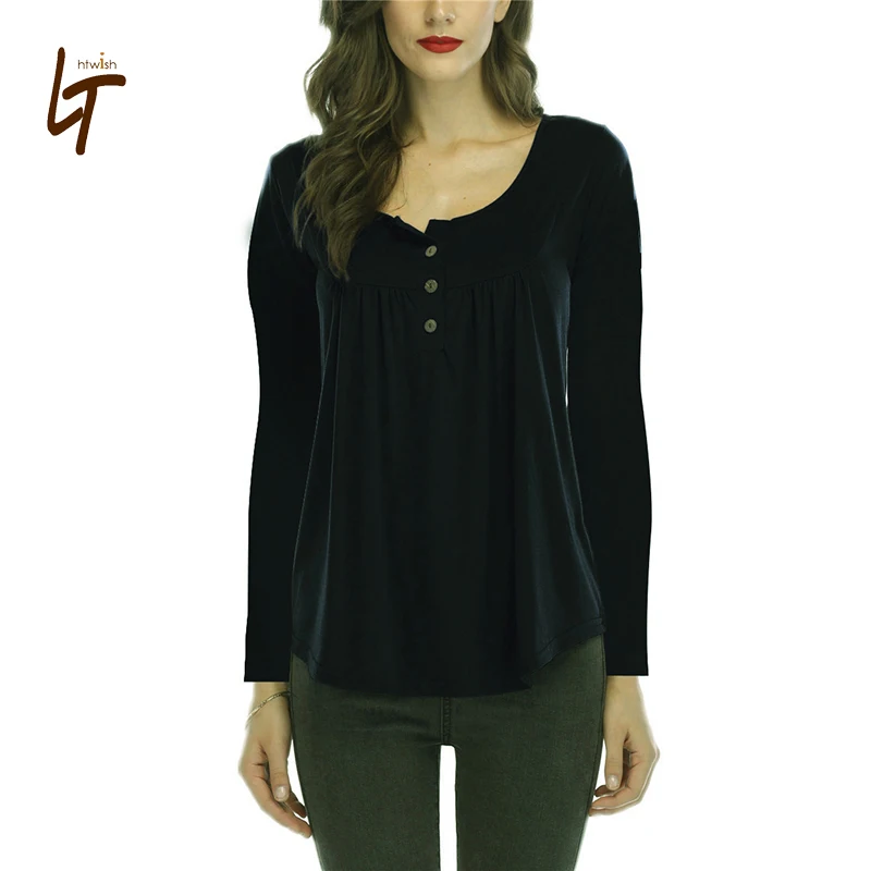Women O-neck Long Sleeve Solid Button Plus Size Loose Casual Cotton T-shirt Autumn Pullovers | Женская одежда