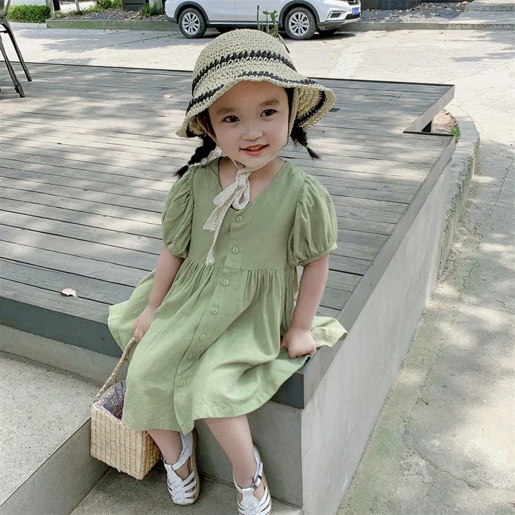 Милое однотонное свободное платье в Корейском стиле для девочек повседневные однобортные платья из хлопка 2-6Y