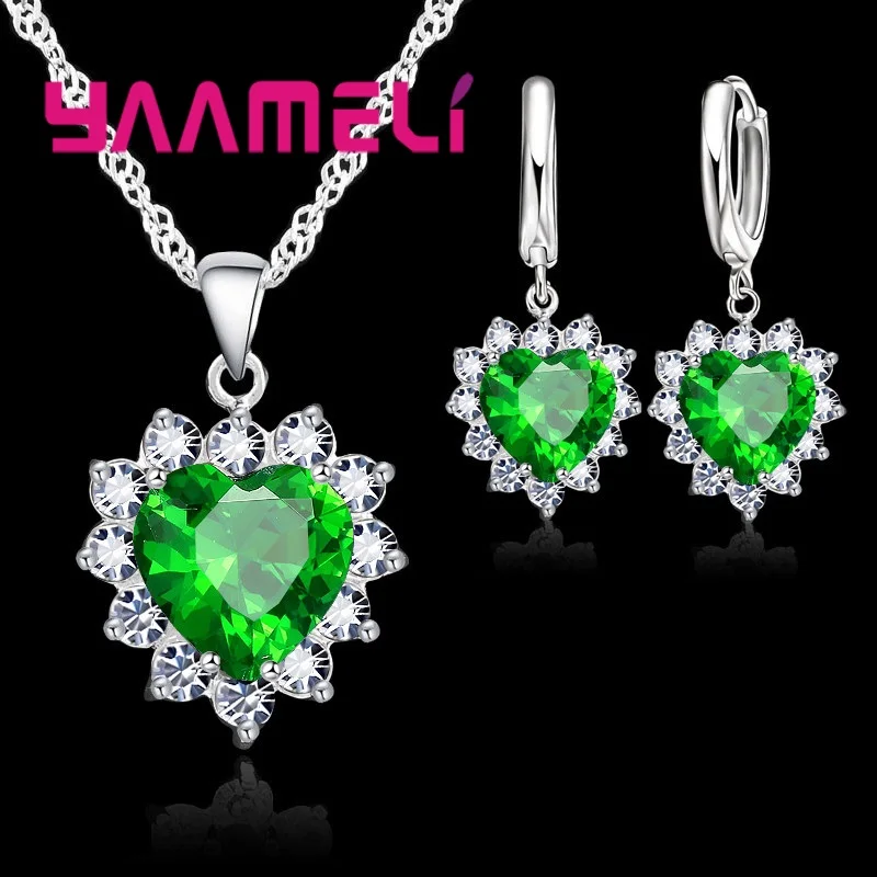 Trendy 925 Sterling Silver Jewelry Set for Women Heart CZ Stone Charm Pendants Necklaces Earrings LOVE Anniversary Gift 