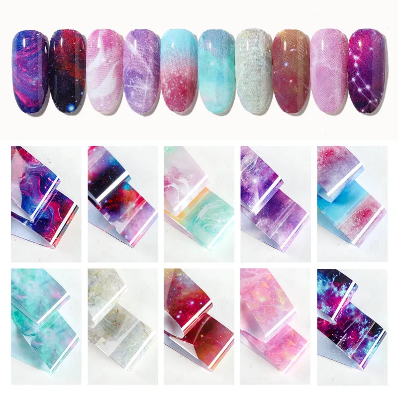 

10 colors Nail Foil Colorful Galaxy Starry Sky Transfer Foil Paper Water Marble Nail Art Sticker Nail Decorations Manicure Tool