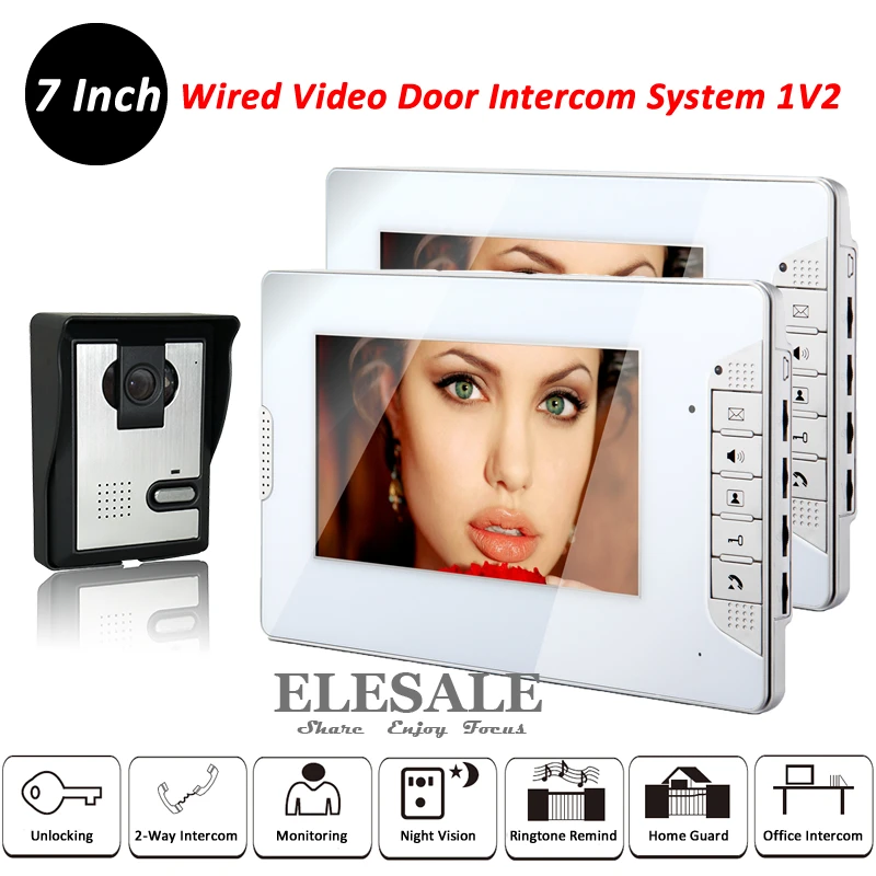

New Video Door Intercom System Video Door Phone Doorbell 1 Camera Unit 2 7" LCD Monitors Night Vision Unlock For Home Office