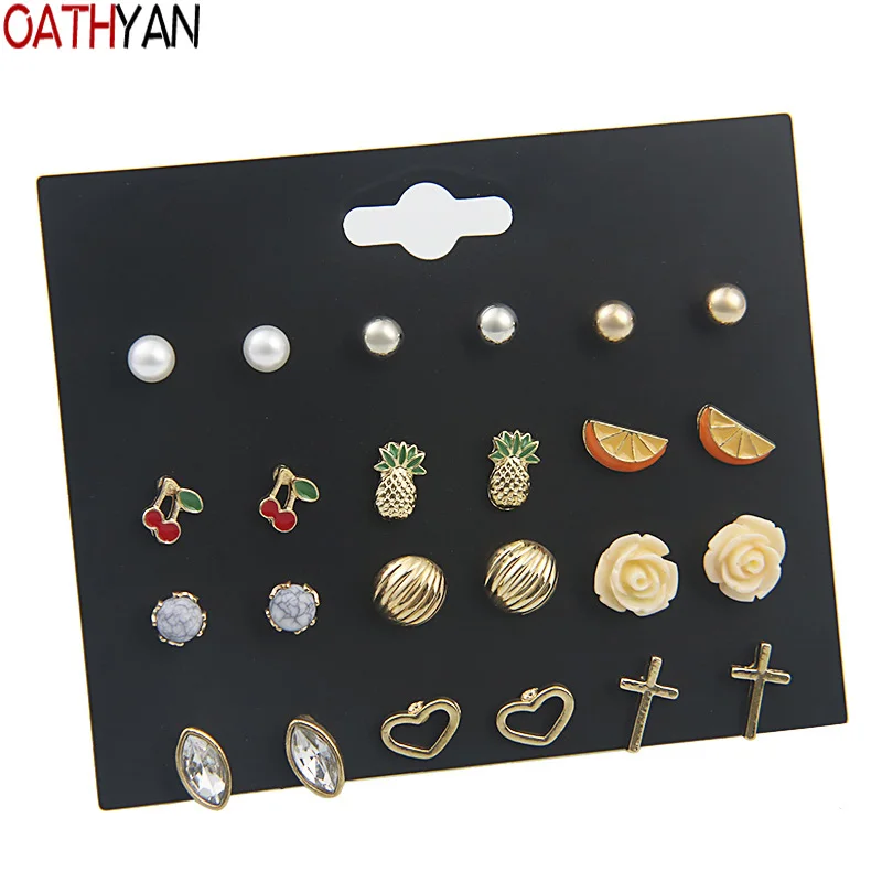 

OATHYAN 12 Pairs/Set Classic Ball Metal Simulated Pearl Stud Earrings Set Mix Women Jewelry Flower Heart Cross Cherry Earrings