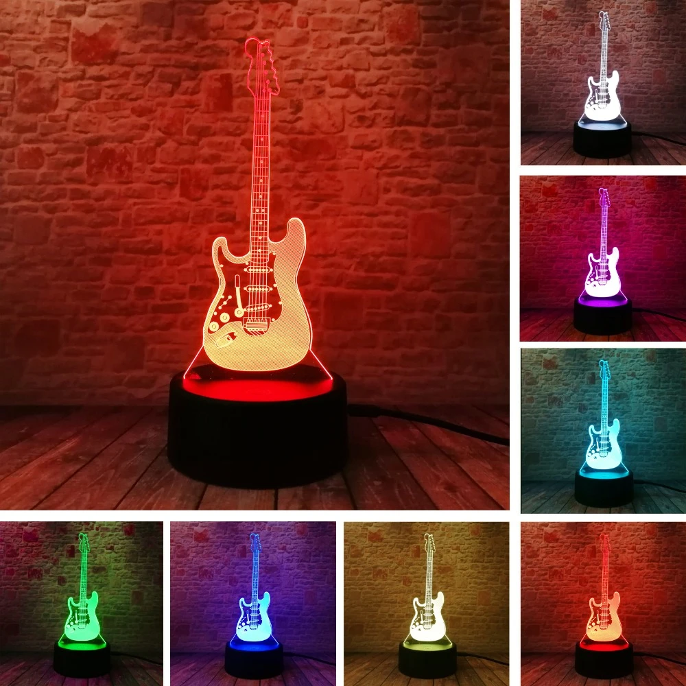 Guitare Electrique 3d Design De Dessin Anime Creatif Modele De Basse Lampe A Illusion 7 Couleurs Degradees Veilleuse De Sommeil Pour Bebe Et Enfant Led Aliexpress