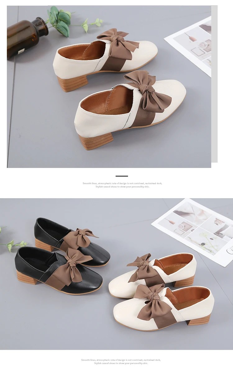 Bow Knot Casual Shoes for Women Flats Leather Oxfords Women Shoes Woman Fashion Square Heels Slip on Ladies Shoes Espadrilles