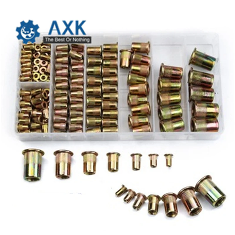 120Pcs/set M4 M5 M6 M8 M10 Zinc Plated Knurled Rivnut Flat Head Threaded Rivet Wood Insert Cap Furniture Nut Assortment Kit