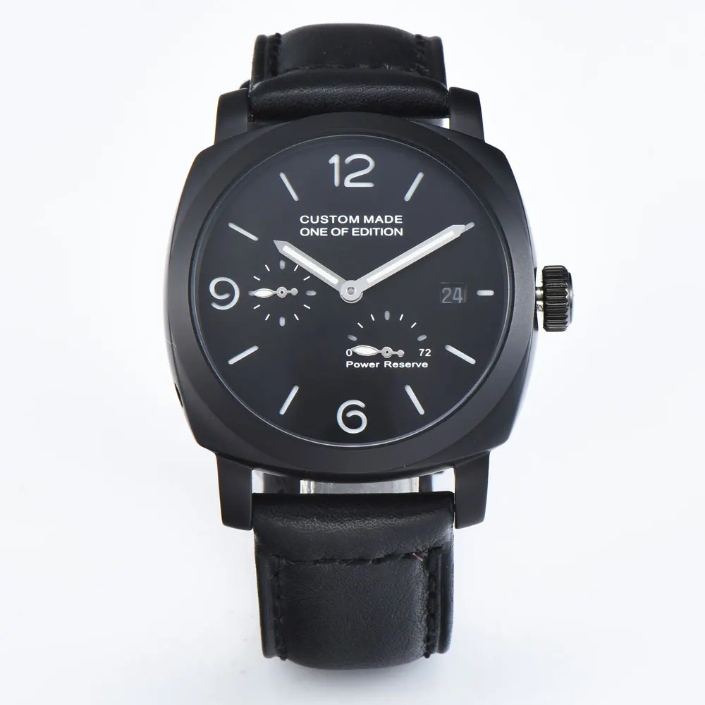 

44 mm parnis new PVD case black dial coated leather strap Power reserve indicator Date light luxury automatic movement Men watch