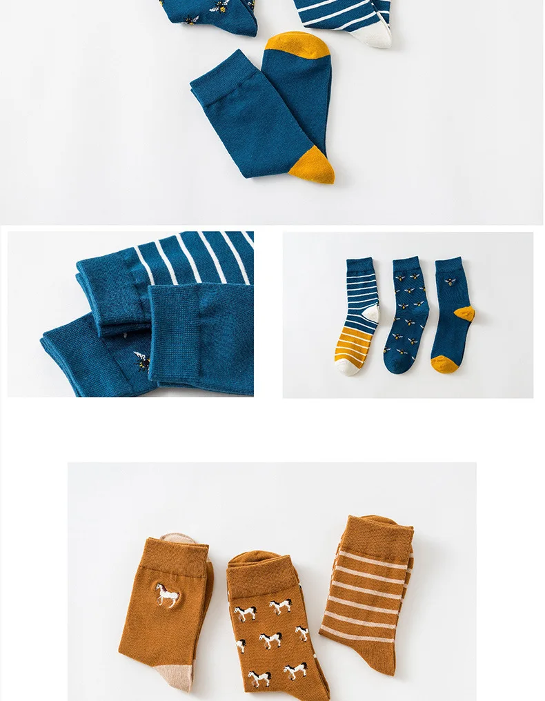 3 Pairs/Lot Caramella Men's Socks Cotton Crew Socks Mid-Calf Length Jacquard Embroidery Animal Pattern