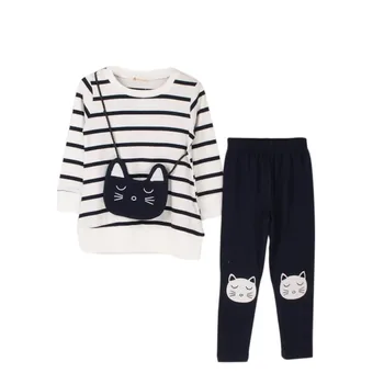 

2pcs Spring Autumn Kids Girls Sets Child Solid Cotton Sweet Striped T-Shirt+Cartoon Print Pant Children Clothes S2