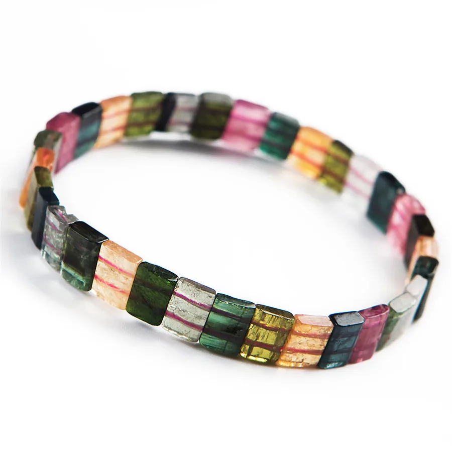 

100% Genuine Colorful Natural Tourmaline Bracelets Female Lady Stretch Crystal Rectangle Bead Bracelet Bangle