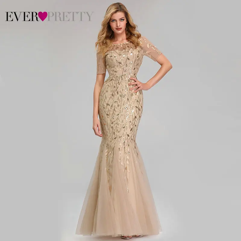 Вечерние платья для выпускного Ever Pretty, длинное кружевное платье-русалка из тюля, разных цветов, с коротким рукавом, аппликациями, большого размера, в стиле Саудовской Аравии, EZ07707, весна-лето - Цвет: EZ07707GD