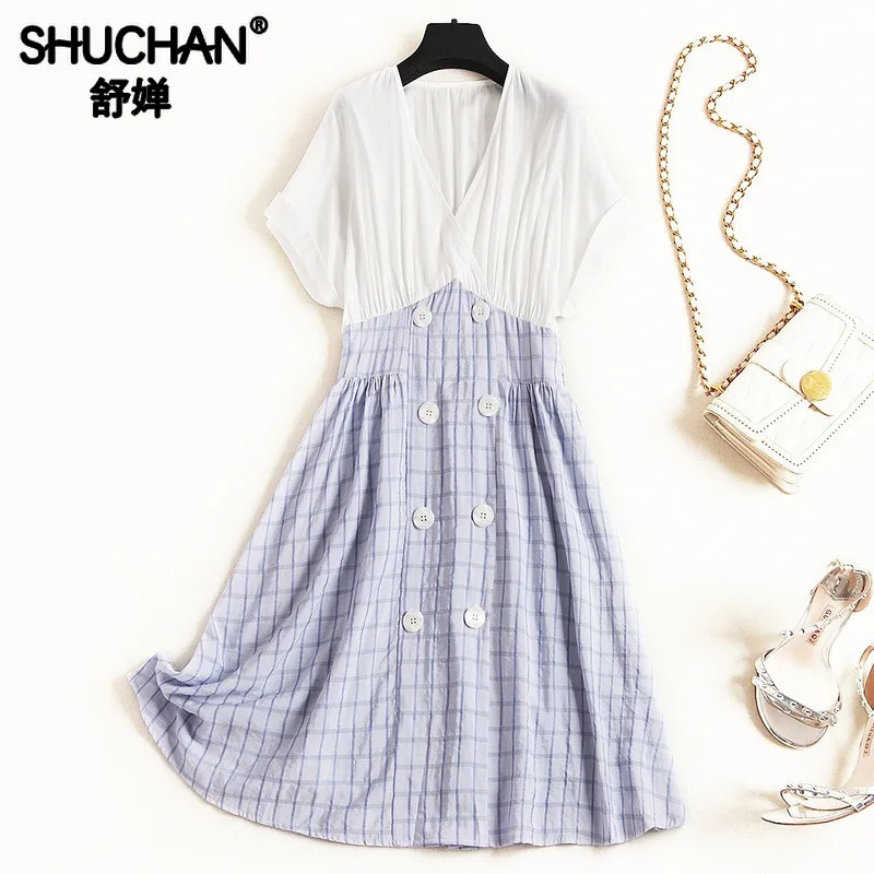

Shuchan Casual Korean Fashion Dresses Batwing Sleeve A-Line Patchwork V-Neck Women's Short Dresses To Mid-Calf Vestido 11850