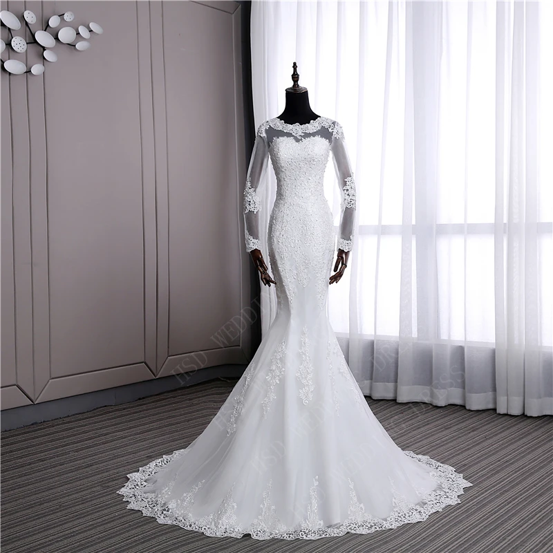 Иллюзия сексуальный длинный рукав русалка маленький поезд свадебное платье стиль корейский кружева аппликации рыбий хвост невесты estidos de noiva