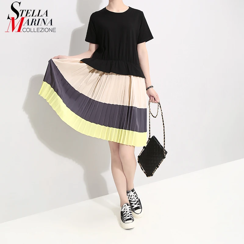 

2019 Korean Style Women Summer Black Patchwork Pleated Dress Short Sleeve O NECK Female Cute Straight Midi Dress Vestidos 5089