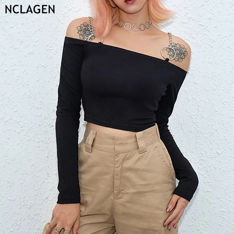 

NCLAGEN 2019 New Arrivals Slash Neck Chain Strap T-shirt Long Sleeve Navel Bare Crop Top Tees Off Shoulder Women Cotton T Shirt