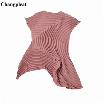 

Changpleat Summer New Irregular Women T-Shirts Top Miyak Pleated Fashion Short sleeve Solid O-neck Big elastic long T-shirt Tide