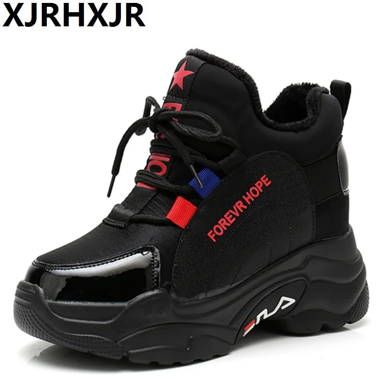 

Women Sneakers New Fashion PU Leather Women Casual Shoes Winter Lace-Up 8cm Wedges High Platform Warm Plush Fashion Women Shoes
