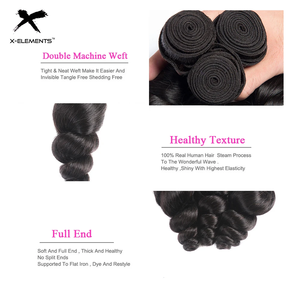 X-Elements Indian Human Hair Bundles 1/3/4 Pcs Loose Wave Hair Weave Non-Remy Hair Extensions Natural Color 8-28 Inches