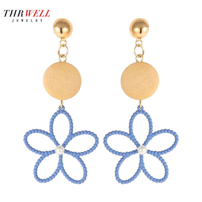 THRWELL Wooden Earrings Flowers Design For Women Hollow Out Process