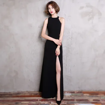 

Sexy Women Sleeveless Evening Party Dress Solid High Quality Slim Cheongsam Elegant Business Dresses Nightclub Robe Gowns