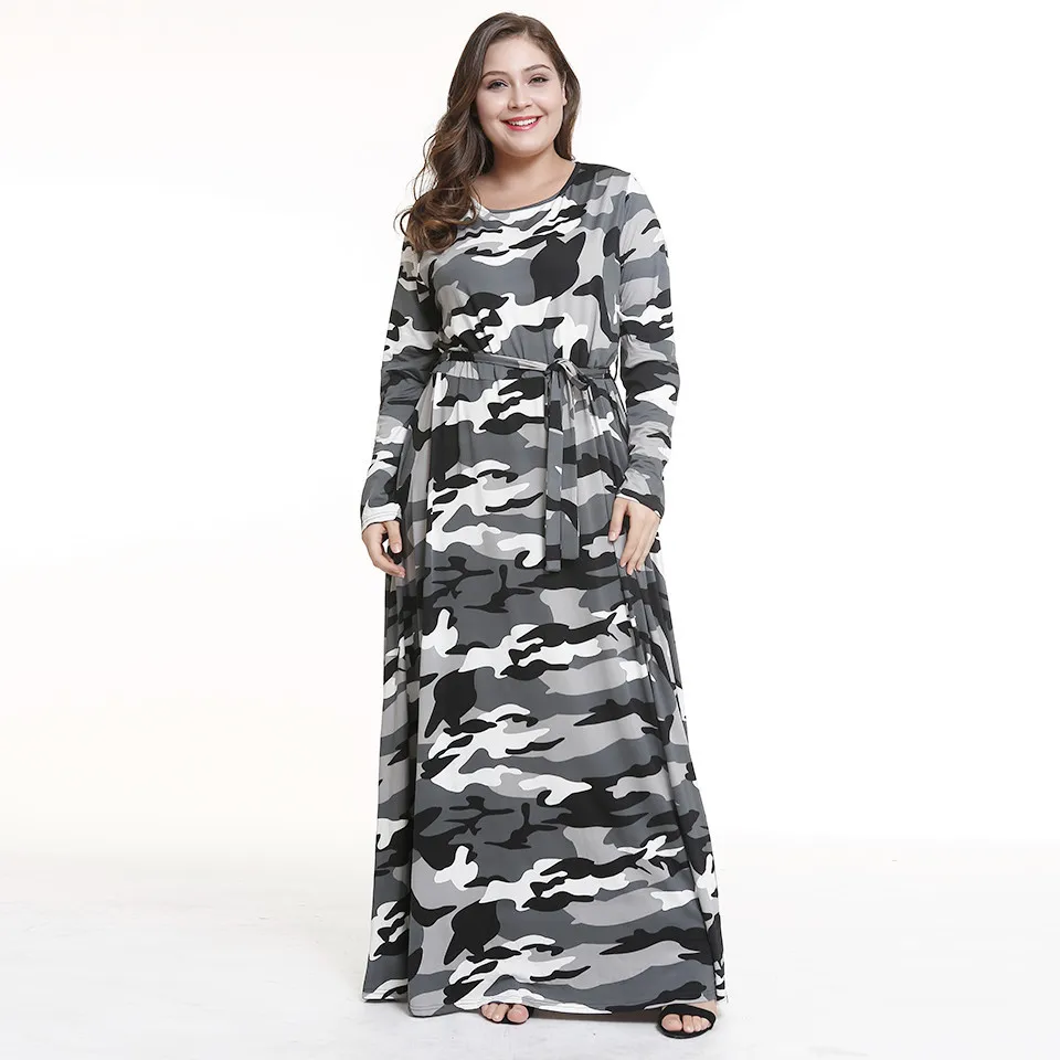 Long Sleeve Autumn Winter Military Camouflage Dresses Women Fashion Armygreen Gray Long Maxi Dress Casual Party Plus Size - Цвет: gray