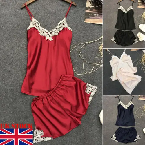 

Pink Spaghetti Strap Lace Applique Satin Cami Top and Shorts Pajama Set Fall Womens Sleepwear Pajama Set