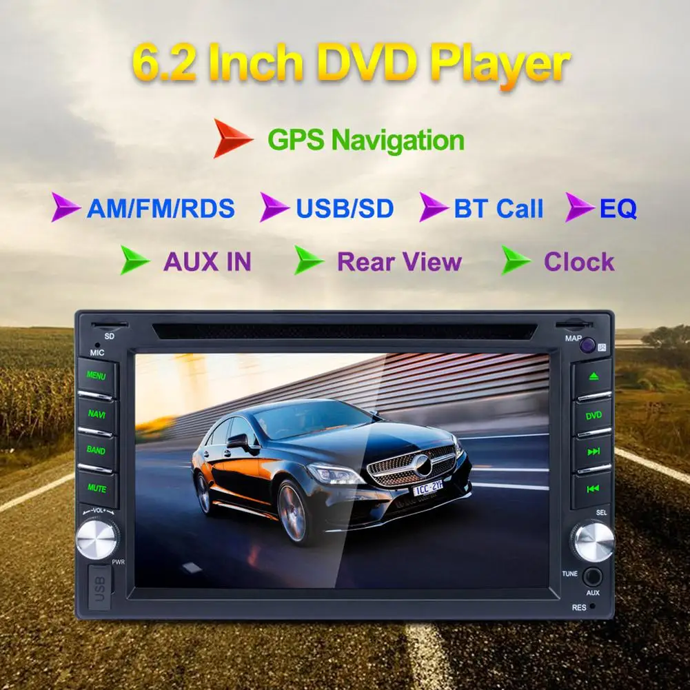 

6.2 Inch Touch Screen GPS Navigator 2 Din BT Calls BT Music DVD Player AM FM RDS Radio CD Disc Player Car Rear View AUX Input