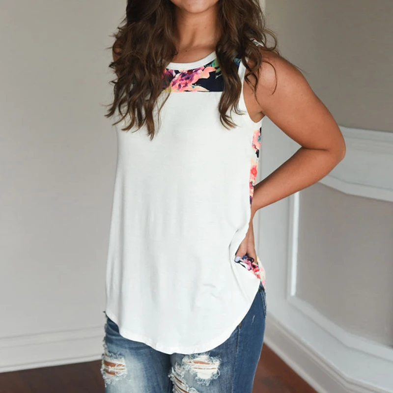 2019 Women Floral Printed T-shirt Womens Casual Loose Patchwork Tank Tops Ladies Summer Sleeveless Top Women's Clothes Plus Size