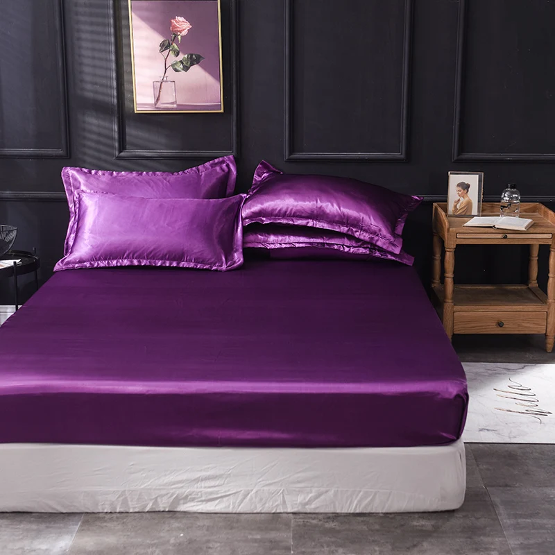 Liv-Esthete Wholesale Luxury Satin Silk Purple Fitted Sheet Silky Mattress Cover Queen King Bed Sheets For Women Men 1pcs