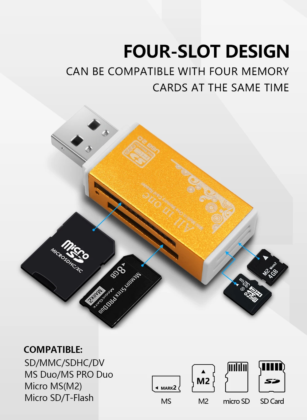 Мульти в 1 устройство для чтения карт памяти SD для Memory Stick Pro Duo Micro SD, TF, M2, MMC, SDHC MS карт-ридер разные цвета