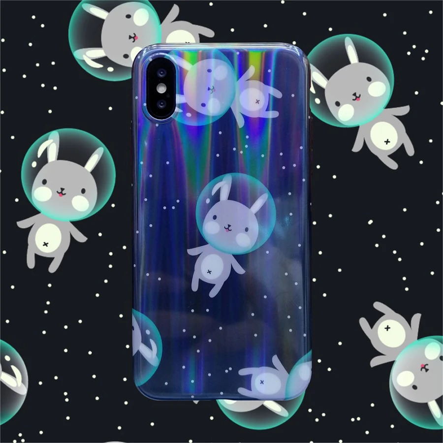 

For iphone XR XS MAX X 7 8 Plus case 3d laser space rabbit glossy soft silicon phone bag case for iphone 6 6s plus capa Ritozcas