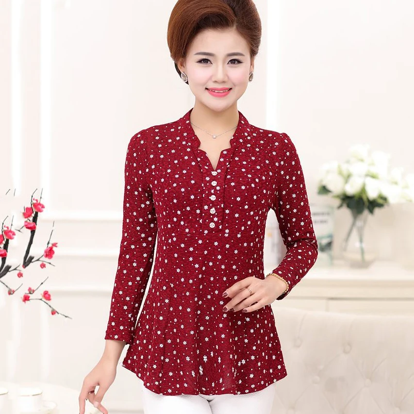 

Floral Polka Dot Printed Women Bottoming T Shirt 5XL Plus Size Mother Clothing Long Sleeves Tshirt Fashion V-neck Tee Tops