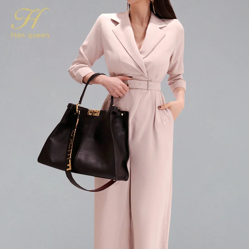 

H Han Queen Elegant Belted Waist Business Jumpsuits Women 2019 New Notched Neck Wide Leg Long Playsuits Casual Work Wear Rompers