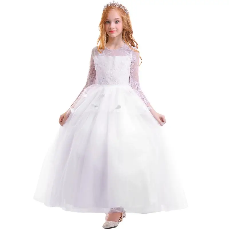 Elegant Baby Kid Girls Dress Lace Long Sleeve White Tulle Ball