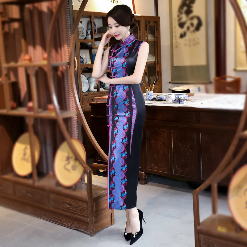 Новинка весны черный китайский Стиль платье Для женщин длинные Qipao воротник-стойка ручной работы Кнопка рукавов Cheongsam Плюс Размеры M-4XL