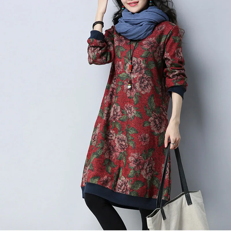 Plus velvet print long-sleeved dress - Цвет: Красный