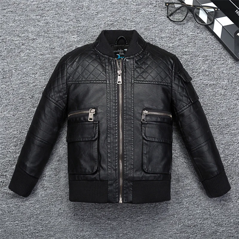 

Cool Design Grip Boys Leather Jacket Stand Collar Windbreaker Leather for Fall Spring Kids Motor Coat Bomber Clothes