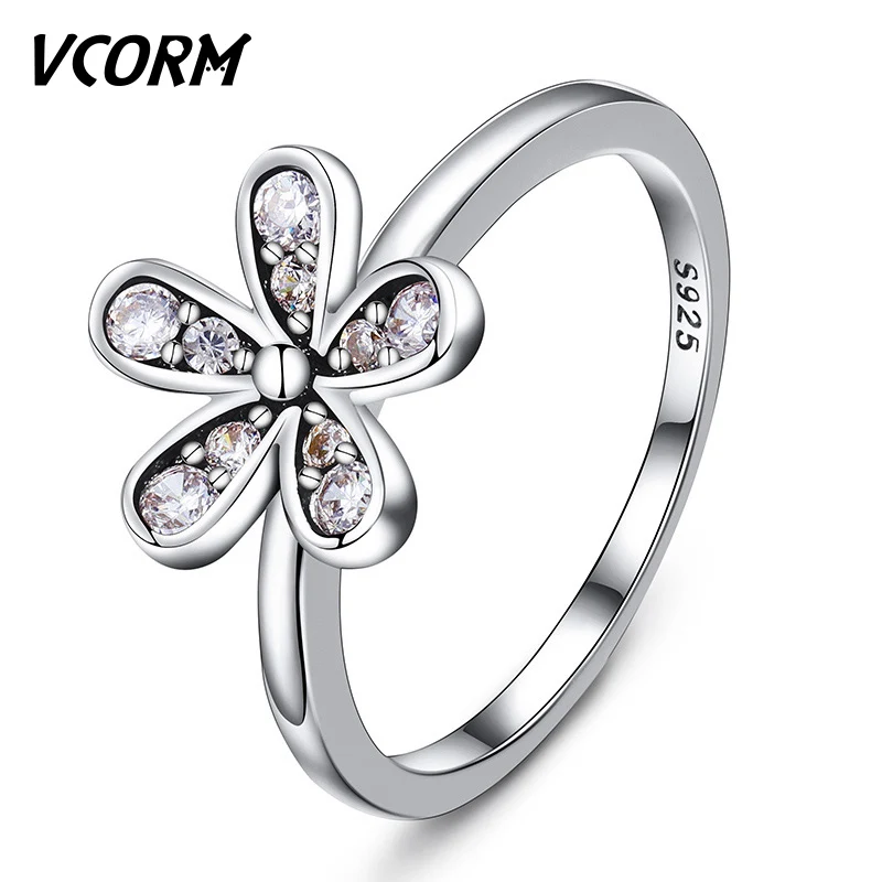 

VCORM Cute Geometric Rose Gold Rings Engagement Fashion Crystal Flower Romantic Silver Wedding Women Ring for Women Jewelry Gift