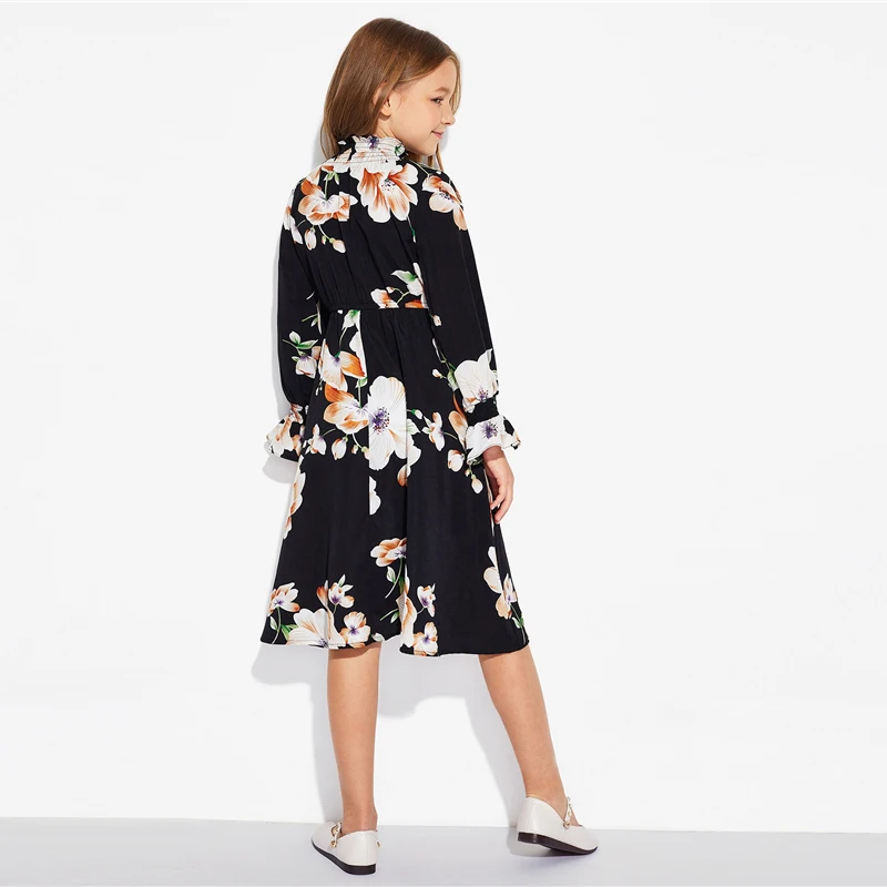 Шеин обувь для девочек черный цветочный принт элегантное, со стоячим воротником платье Детская одежда 2019 весна корейский трапециевидной
