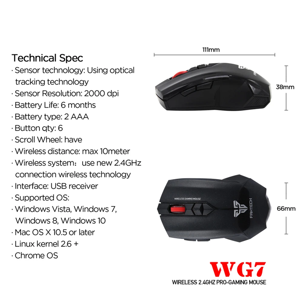 Fantech WG7 2000 Точек на дюйм 6 кнопка 2,4 ГГц Беспроводная игровая мышь Мышь геймер настраиваемый компьютер мыши для профессиональных игроков