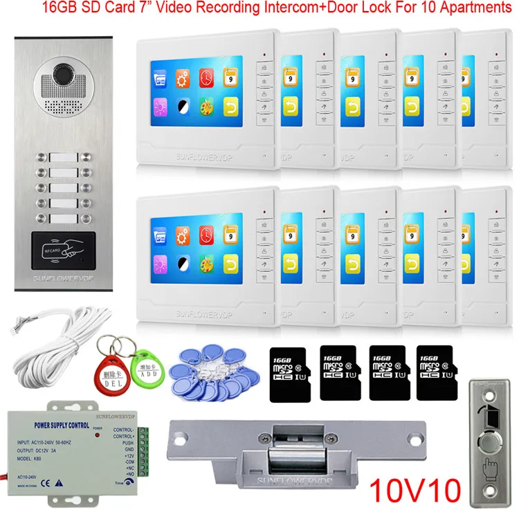 Rfid 8/10/12 Multi Call Buttons Home Security Video Phone Intercom 16GB Video Recording 7” Color Monitor Doorphone + Door Lock Rfid 8/10/12 Multi Call Buttons Home Security Video Phone Intercom 16GB Video Recording 7” Color Monitor Doorphone + Door Lock