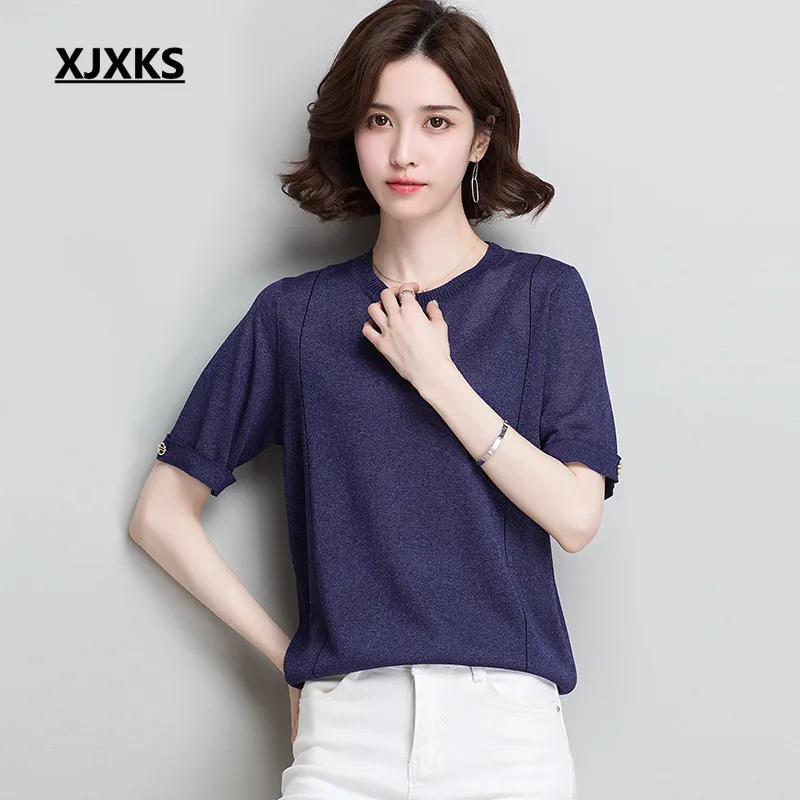 XJXKS Women's short-sleeved T-shirt summer new fashion round neck comfortable high quality thin knitted T-shirt women's top