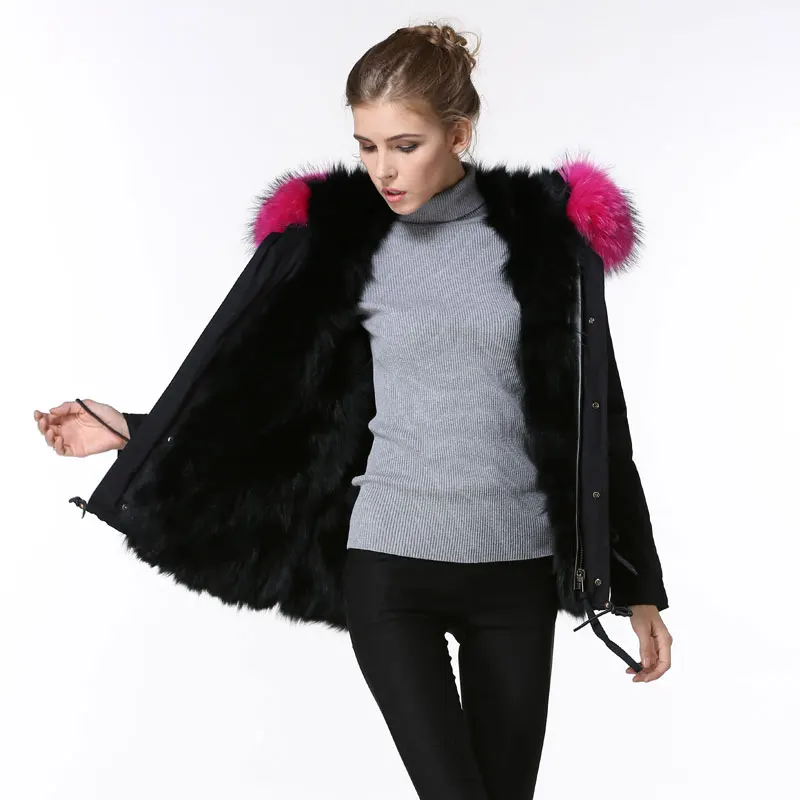 Elegante Zwarte Warme Dikke Bont Jas winter Vrouwen Rose rood wasbeer bontkraag Korte parka Elegante Zwarte Warme Dikke Bont Jas winter Vrouwen Rose rood wasbeer bontkraag Korte parka