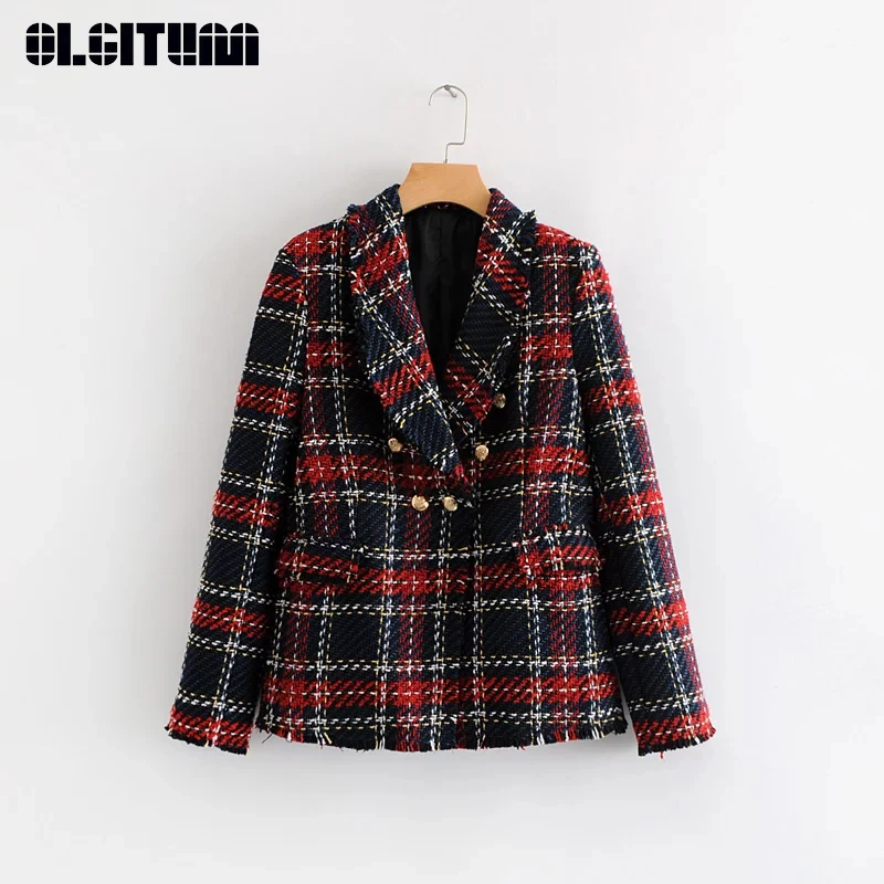 

Vintage Women Tweed Plaid Jacket Autumn 2019 Double Breasted Long Sleeve Female Coat with Pocket Casaco Femme Coat Feminino