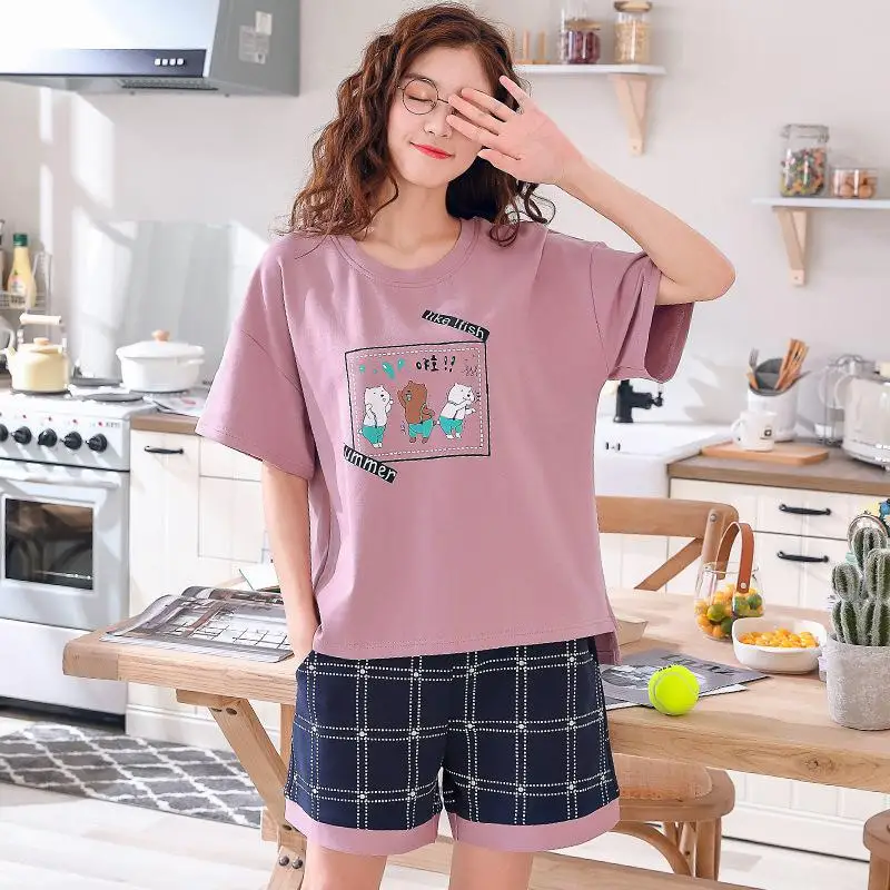 Yfashion/женский хлопковый пижамный комплект с кроликом, с коротким рукавом, с милым рисунком, топы+ мягкие шорты, домашняя одежда, костюм, пижамные комплекты
