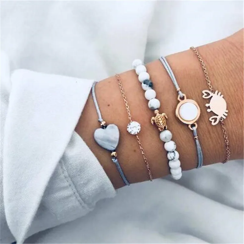 

5 Pcs/Set Vintage Crab Turtle Heart Crystal Round Stone Bead Chain Multilayer Bracelet Bohemian Jewelry Party Gifts Wholesale